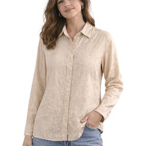 Talbots Petites Beige 100% Irish Linen Floral Embroidered Button Down Shirt P